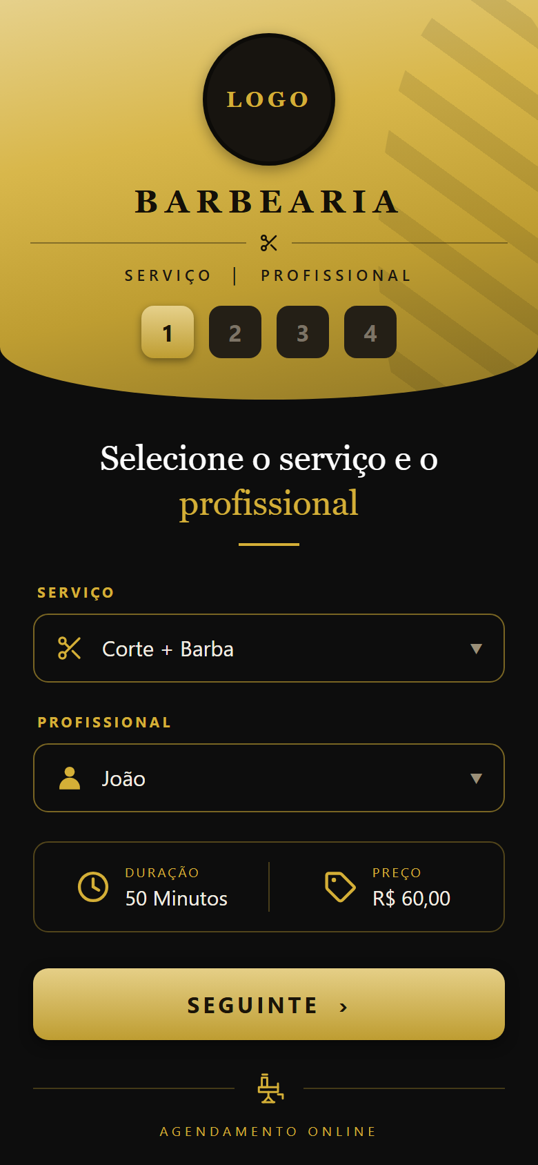 Tela do app: o cliente escolhe o serviço e o profissional